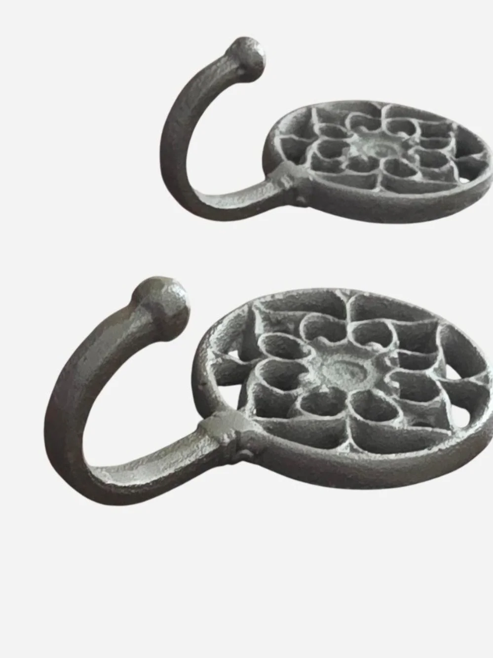 Vintage Wall Hooks Set of 3 Gray Cast Iron Decorative Floral